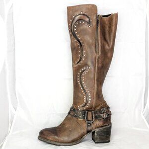 Freebird Coyote 12 run small Brown Studded Leather Tall Wide Calf Boots, Harness